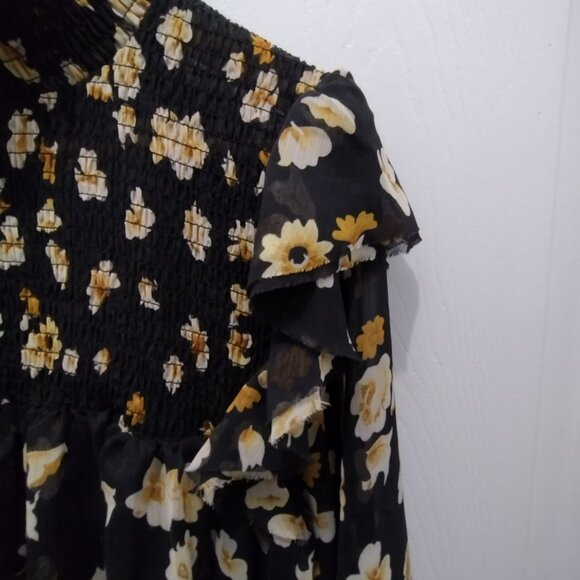 O.P.T. Floral Ruffle Neck Blouse Large Black Sheer Long Sleeve Romantic Top - Picture 5 of 15